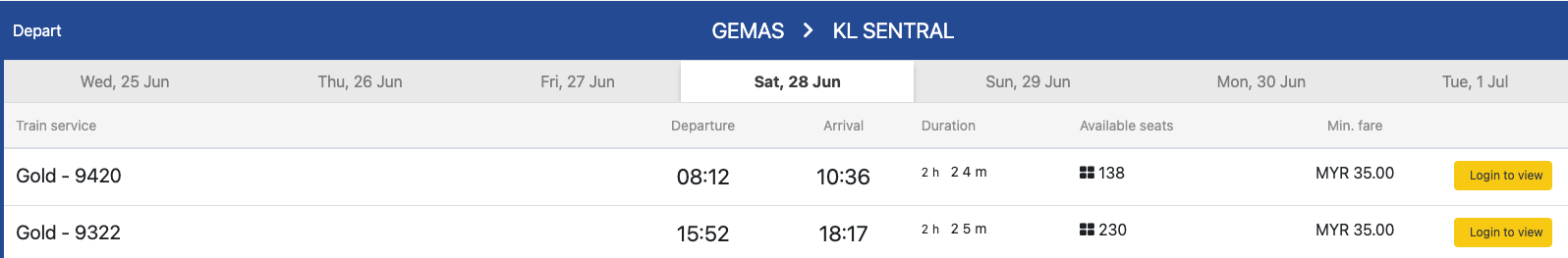 timetable for gemas to KL Sentral