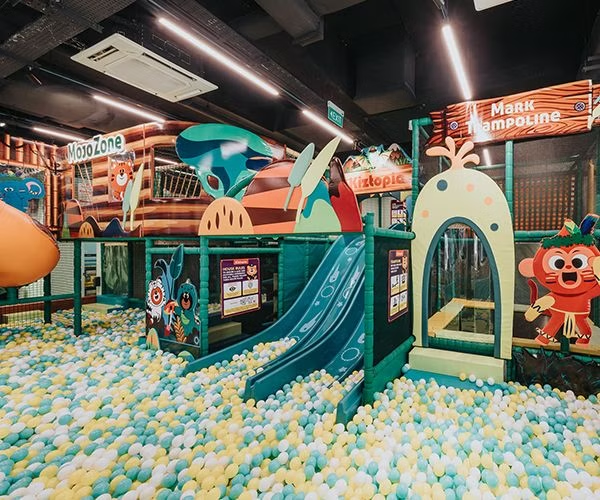 children slides leading into giant ball pit