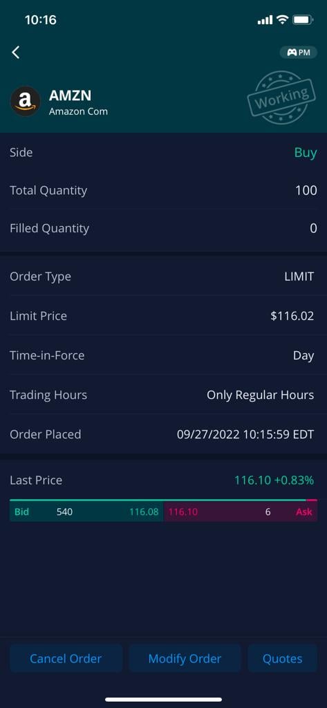 Webull app - paper trading - AMZN